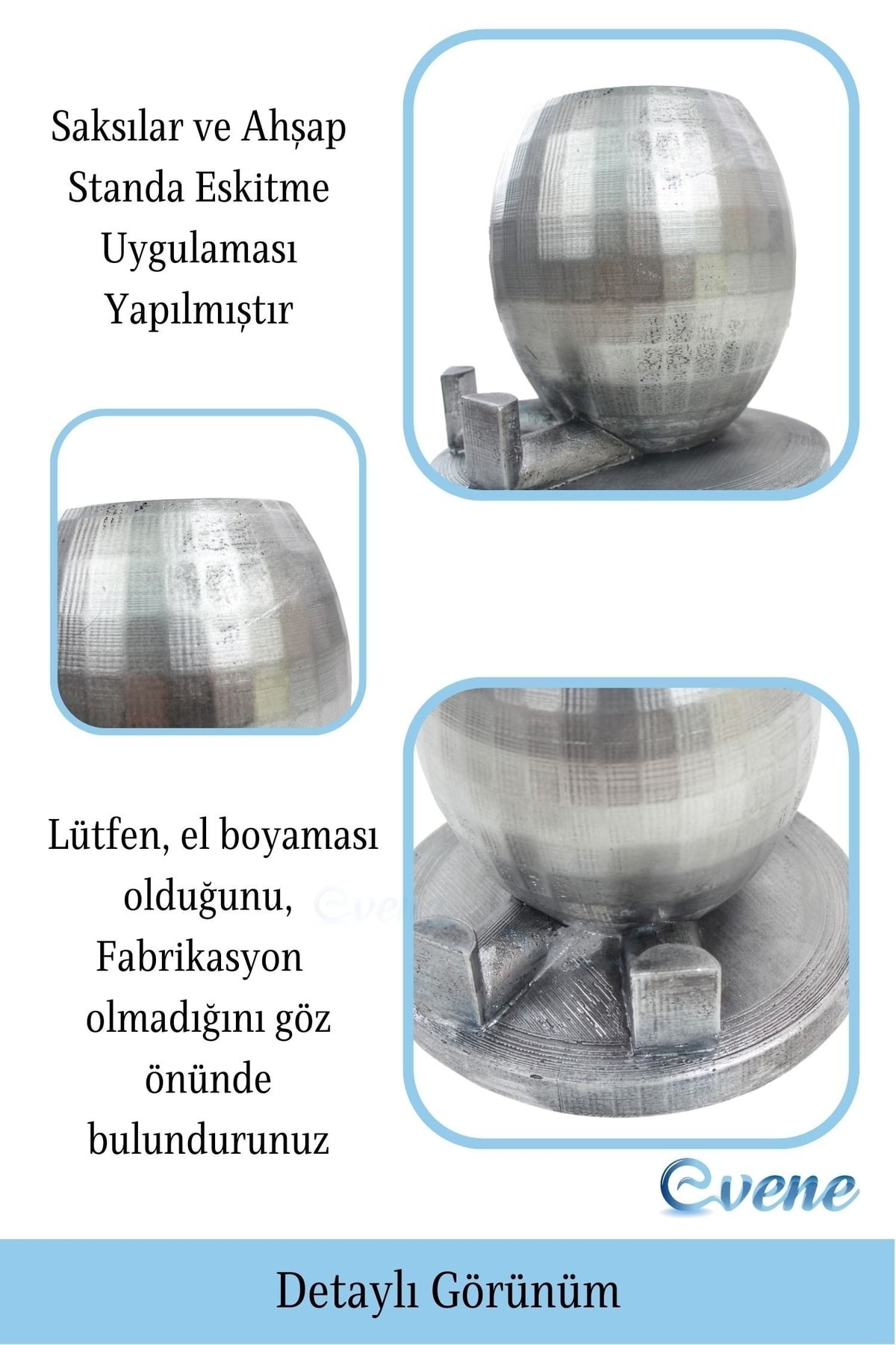 Ahşap Ayaklı Beton Saksı Büyük Boy Set 2 Adet Gümüş Varak Boyalı Eskitmeli Ayaklı Yuvarlak Model