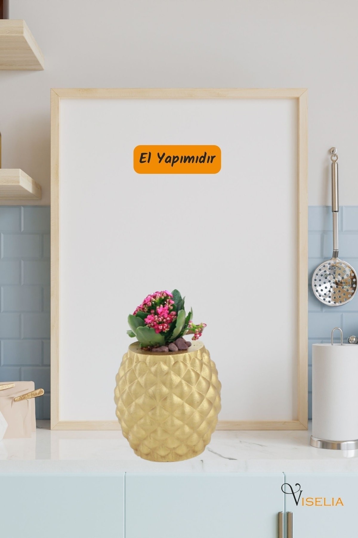 Viselia Dekoratif Saksı Altın Büyük Çiçek Saksısı Ananas Model