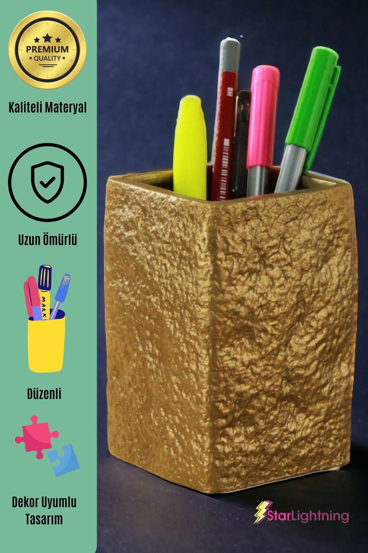 Kalemlik Altın Renk Masa Kalemliği Organizer Kalemlik Model 7
