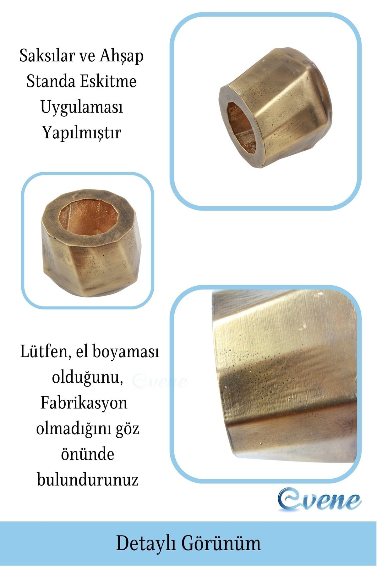 Ahşap Ayaklı Beton Saksı Büyük Boy Set 3 Adet Altın Varak Boyalı Eskitmeli Kalın Çizgili Model