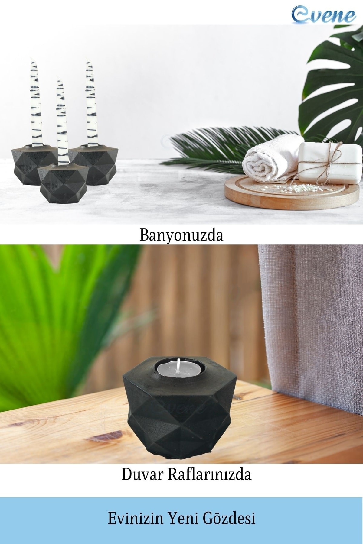 Siyah Mumluk Şamdan Tealight ve İnce Mum Uyumlu Prizma Model