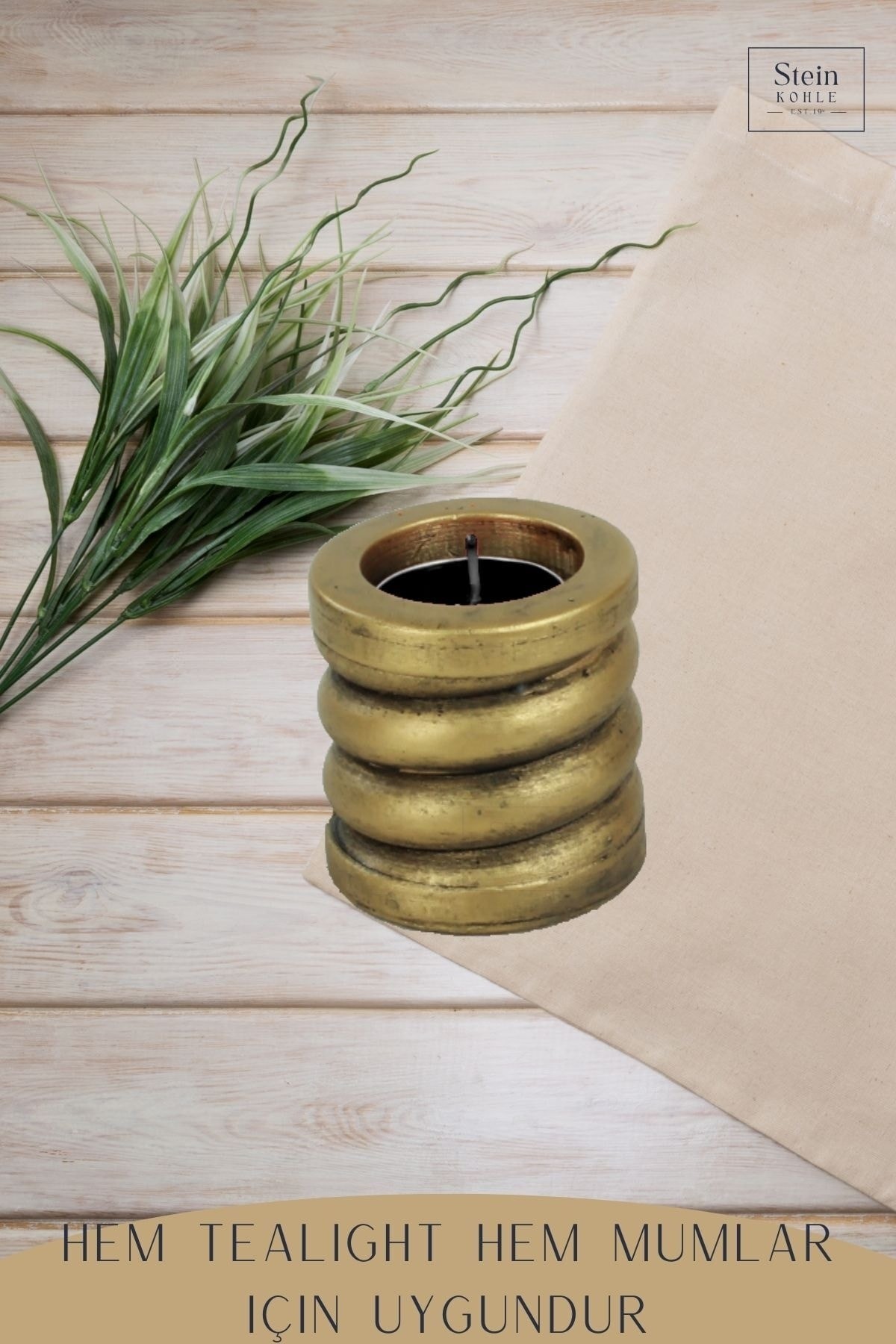 Şamdan Dekoratif Mumluk Altın Eskitme Şamdan Set 3 lü (Üçlü) Tealight Uzun Mum Uyumlu Spiral Model