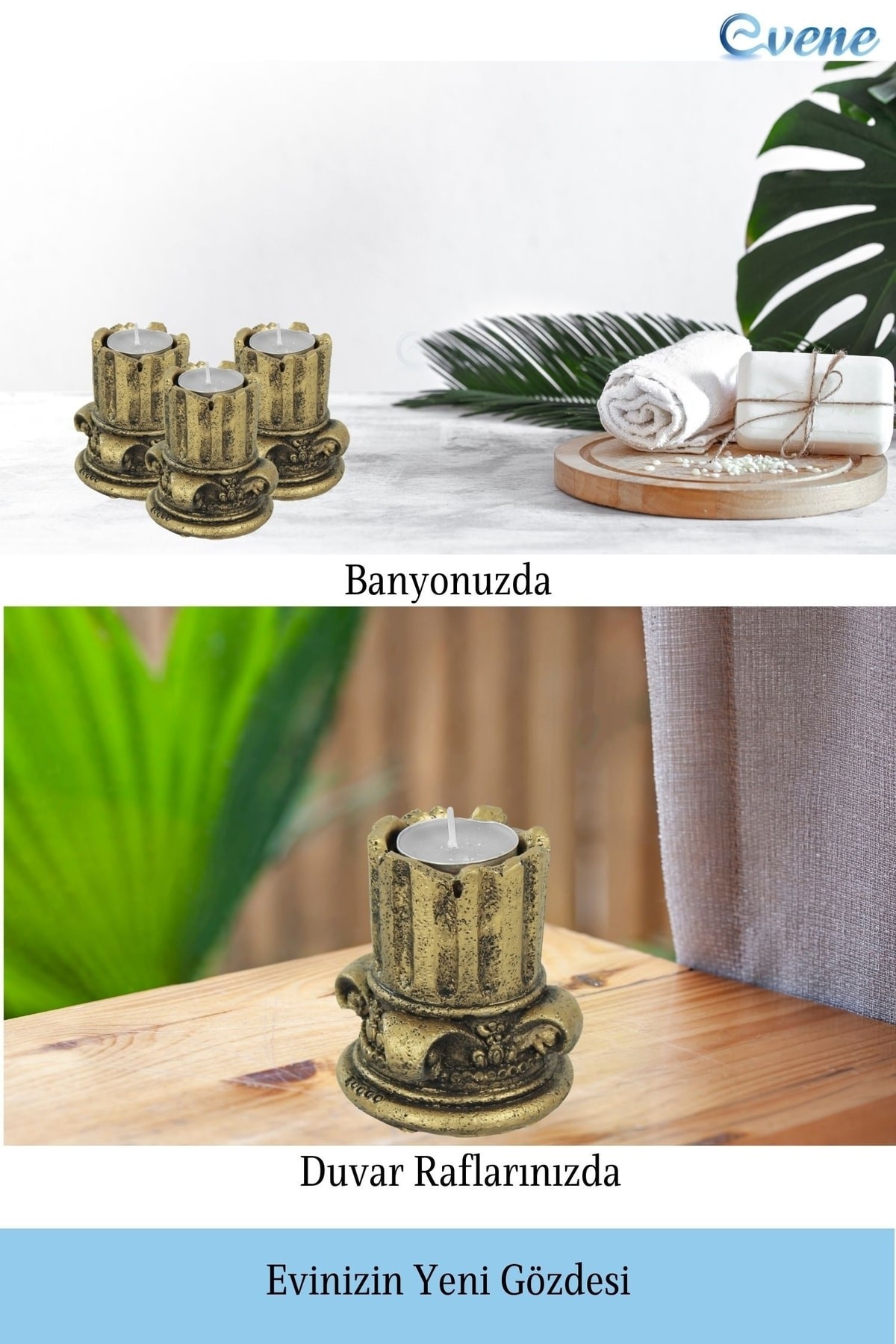 Altın Eskitme Mumluk Şamdan 3 Adet Tealight Uyumlu Tarihi Sütun Model