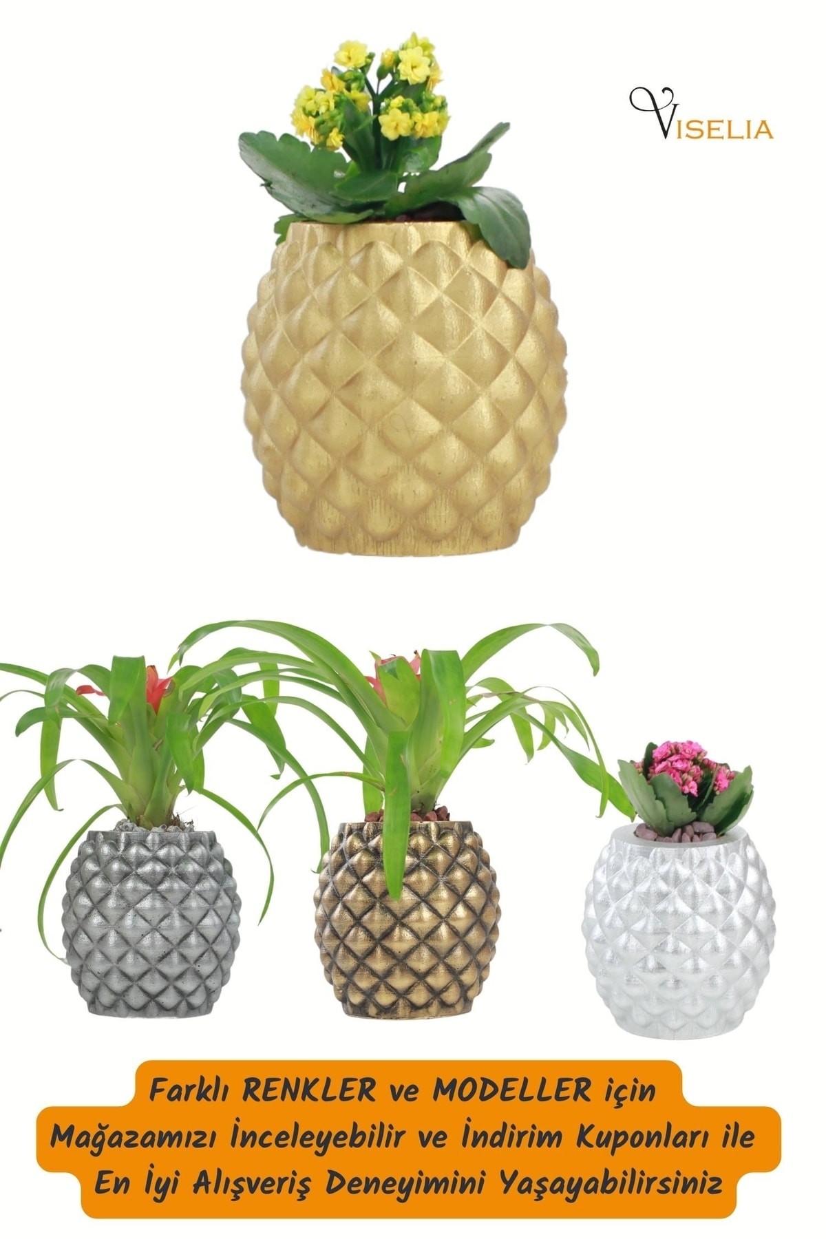 Viselia Dekoratif Saksı Altın Büyük Çiçek Saksısı Ananas Model