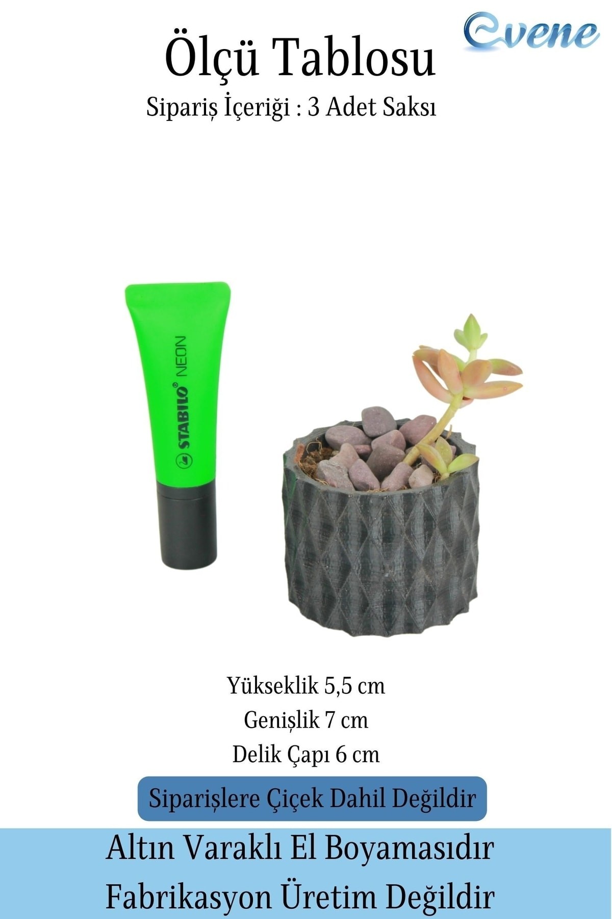 Mini Çiçek Saksı Küçük Sukulent Siyah Kaktüs Saksısı 3'lü Set Baklava Çizgili Model