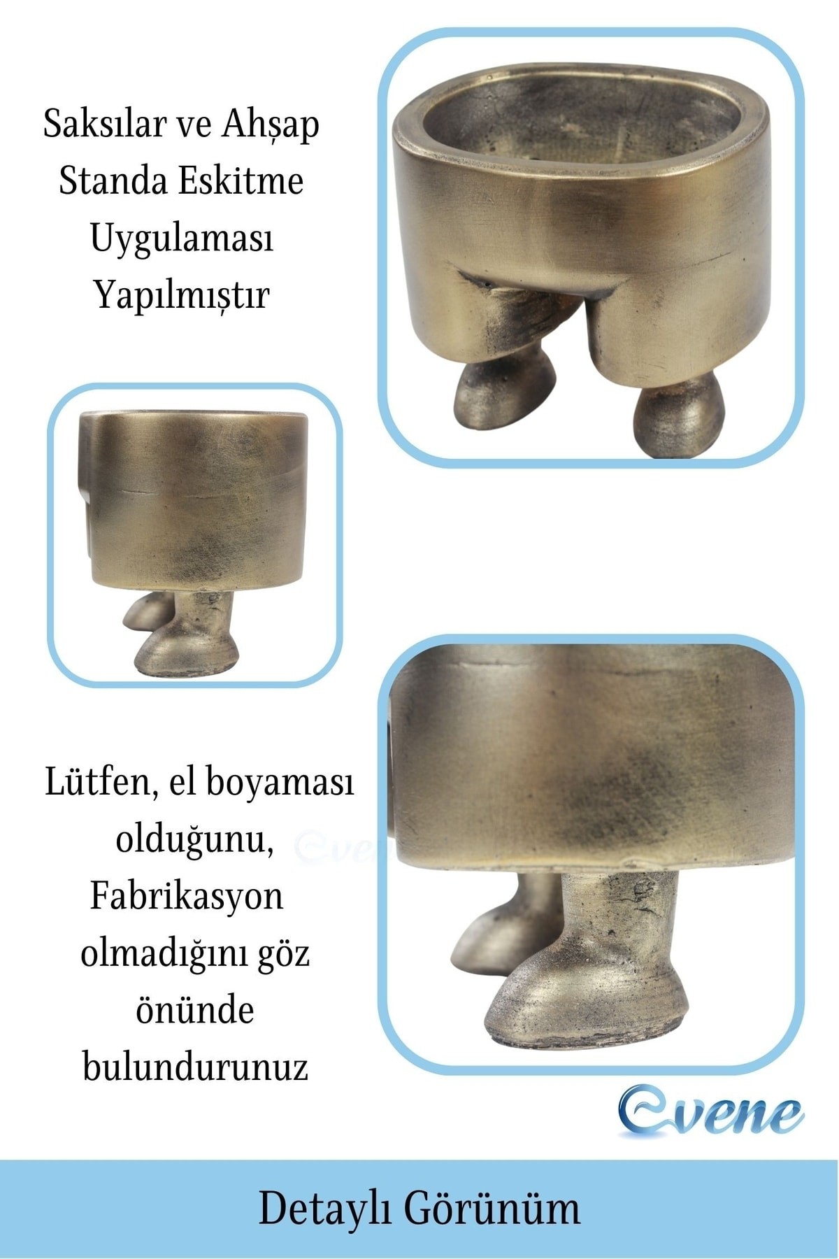Ahşap Ayaklı Beton Saksı Büyük Boy Set 3 Adet Altın Varak Boyalı Eskitmeli Pantolon Model