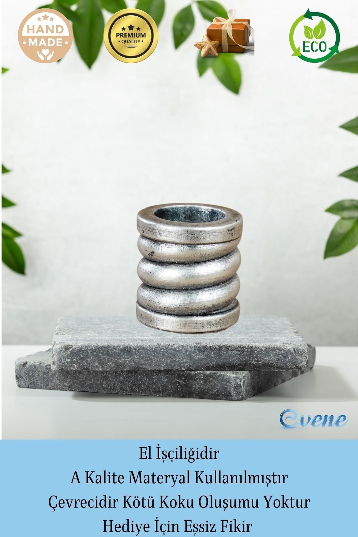 Gümüş Eskitme Mumluk Şamdan 3 Adet Tealight ve İnce Mum Uyumlu Spiral Model