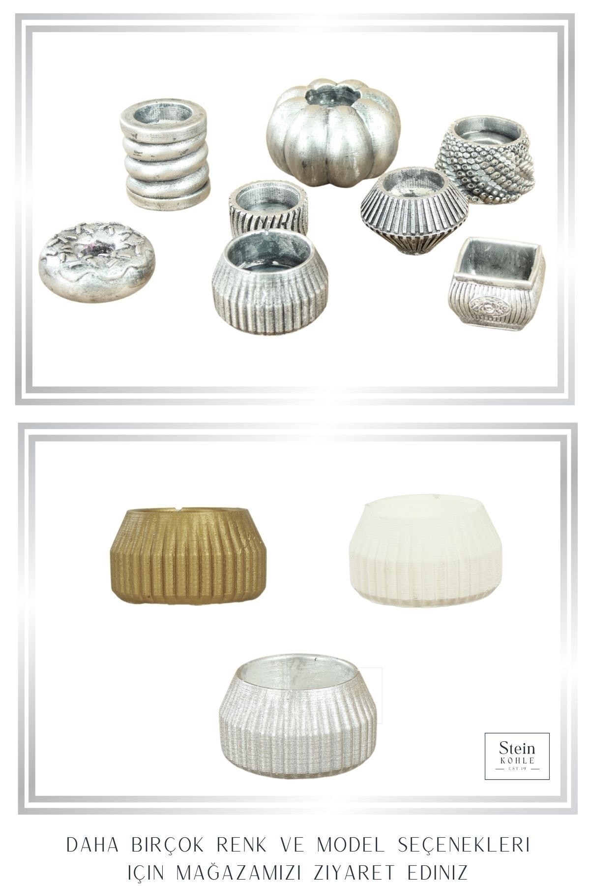 Şamdan Dekoratif Mumluk Gümüş Eskitme Şamdan Set 3 lü (Üçlü) Tealight Uyumlu Çizgili Model