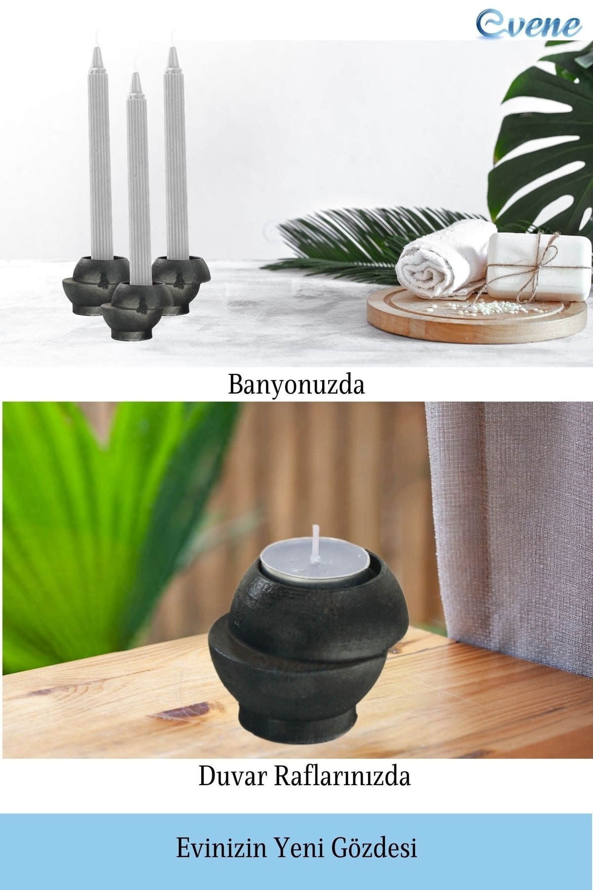 Siyah Mumluk Şamdan 3 Adet Tealight ve İnce Mum Uyumlu Kesik Model