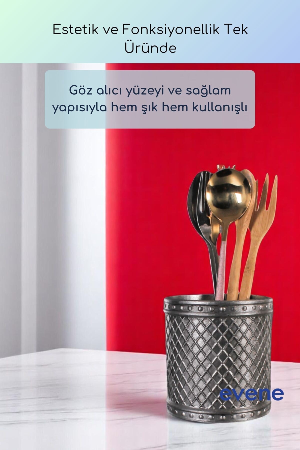 Tezgah Üstü Kaşıklık Dekoratif Dik Kaşıklık Silindir Kaşıklık Gümüş Eskitme Renk Model 90