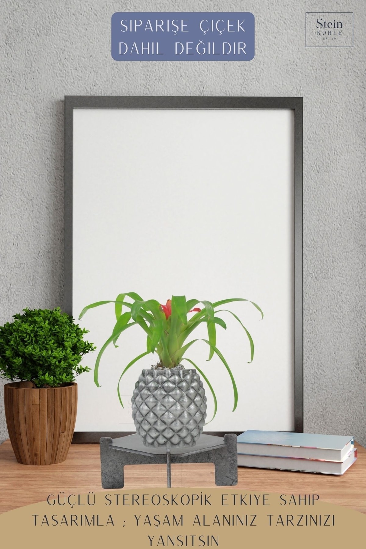 Ayaklı Saksı Ahşap Büyük Boy 1 Adet Gümüş Renk Eskitme Uygulamalı Ananas Model