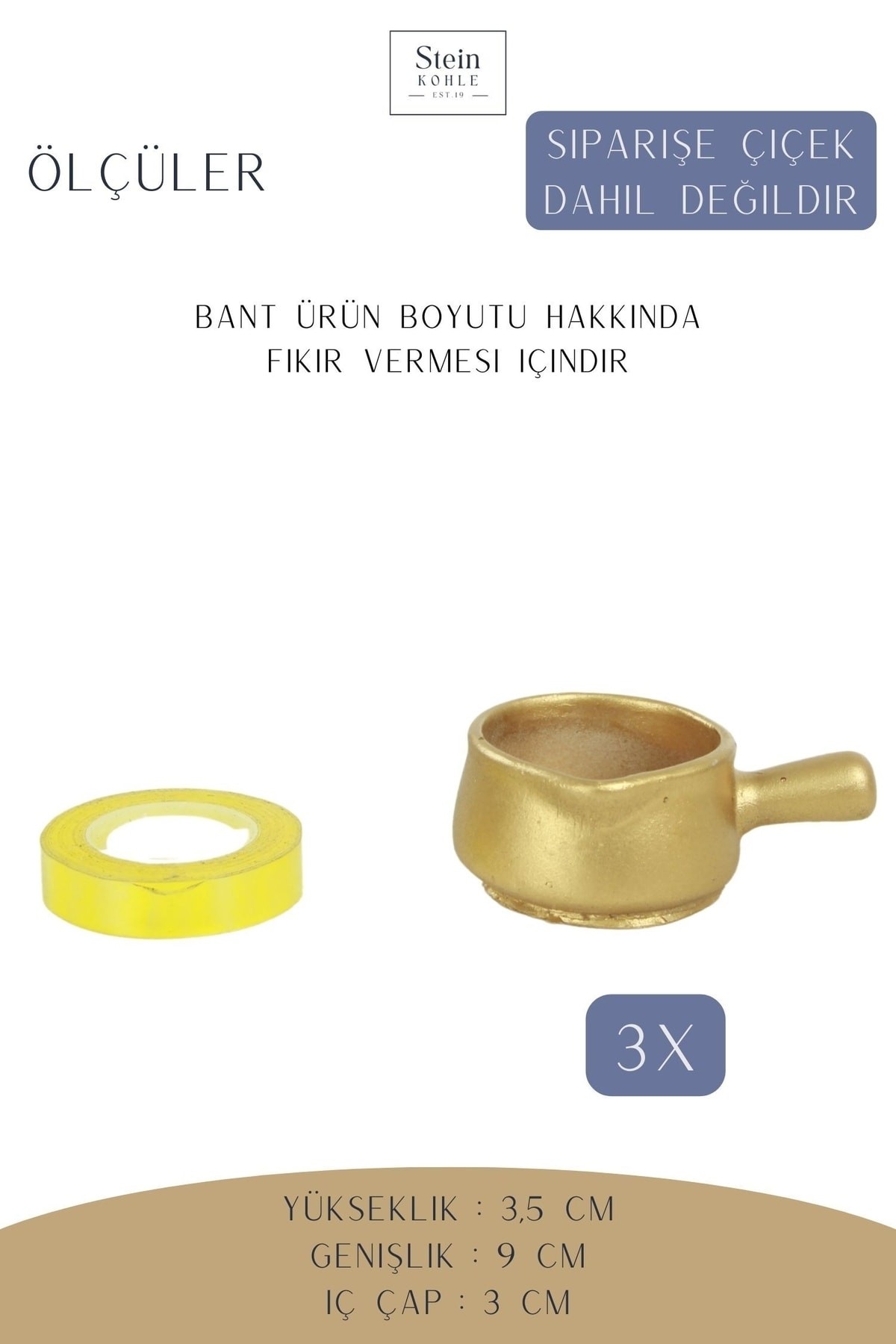 Dekoratif Saksı Minik Kaktüs Saksısı Altın Renk 3 Adet Saksı Seti Mini Tava Model
