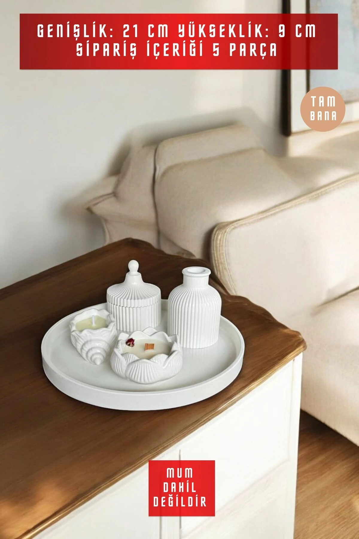 Krem Sunumluk Takı Tabağı Dekoratif Tepsi Obje Seti 5 Parça Model 1025