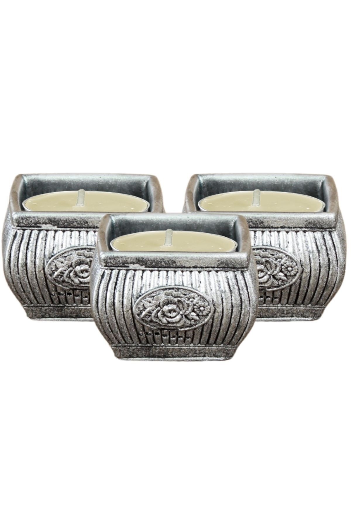Şamdan Dekoratif Mumluk Gümüş Eskitme Şamdan Set 3 lü (Üçlü) Tealight Uyumlu Çizgili Çiçek Model