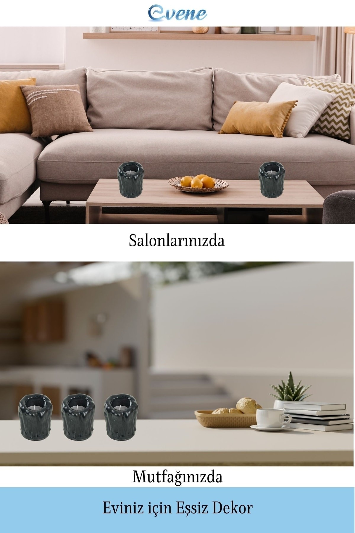 Siyah Mumluk Şamdan 3 Adet Tealight Uyumlu Üçlü Orta Erimiş Mum Model
