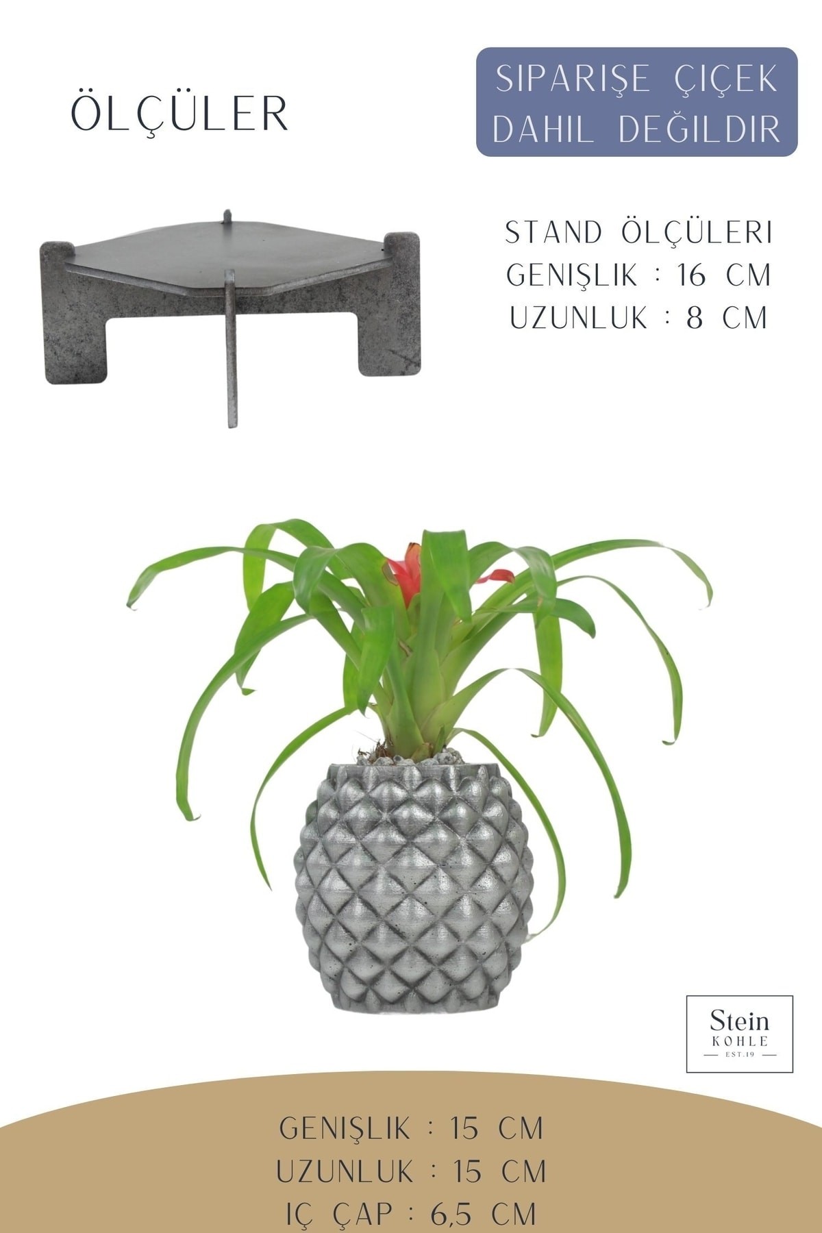 Ayaklı Saksı Ahşap Büyük Boy 1 Adet Gümüş Renk Eskitme Uygulamalı Ananas Model