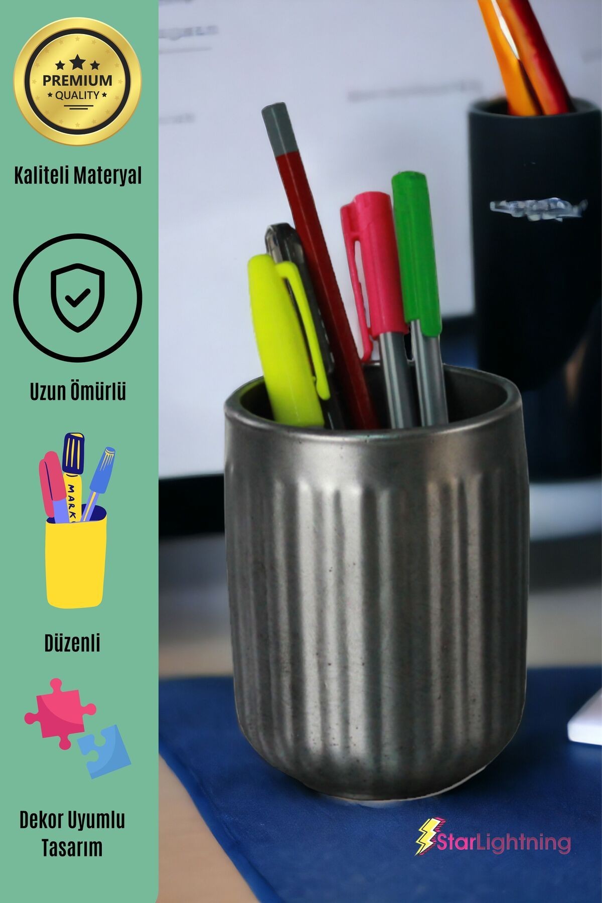 Kalemlik Gümüş Eskitme Renk Masa Kalemliği Organizer Kalemlik Model 11