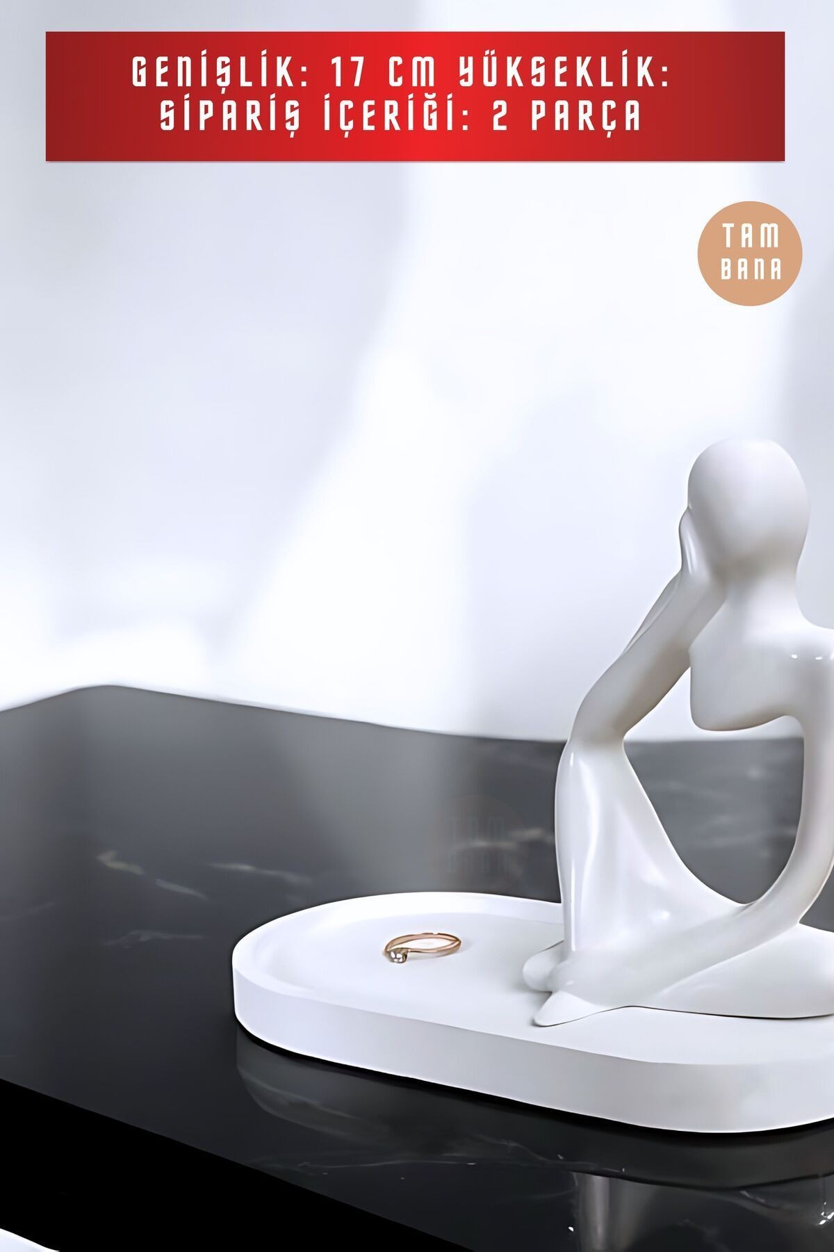 Beyaz Sunumluk Takı Tabağı Dekoratif Tepsi Obje Seti 2 Parça Model 1007