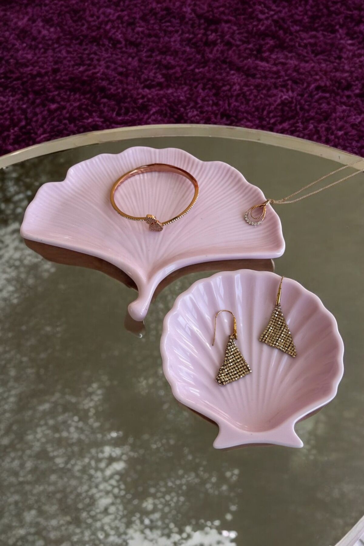 Pembe Sunumluk Takı Tabağı Dekoratif Tepsi Obje Seti 2 Parça Model 1003 image