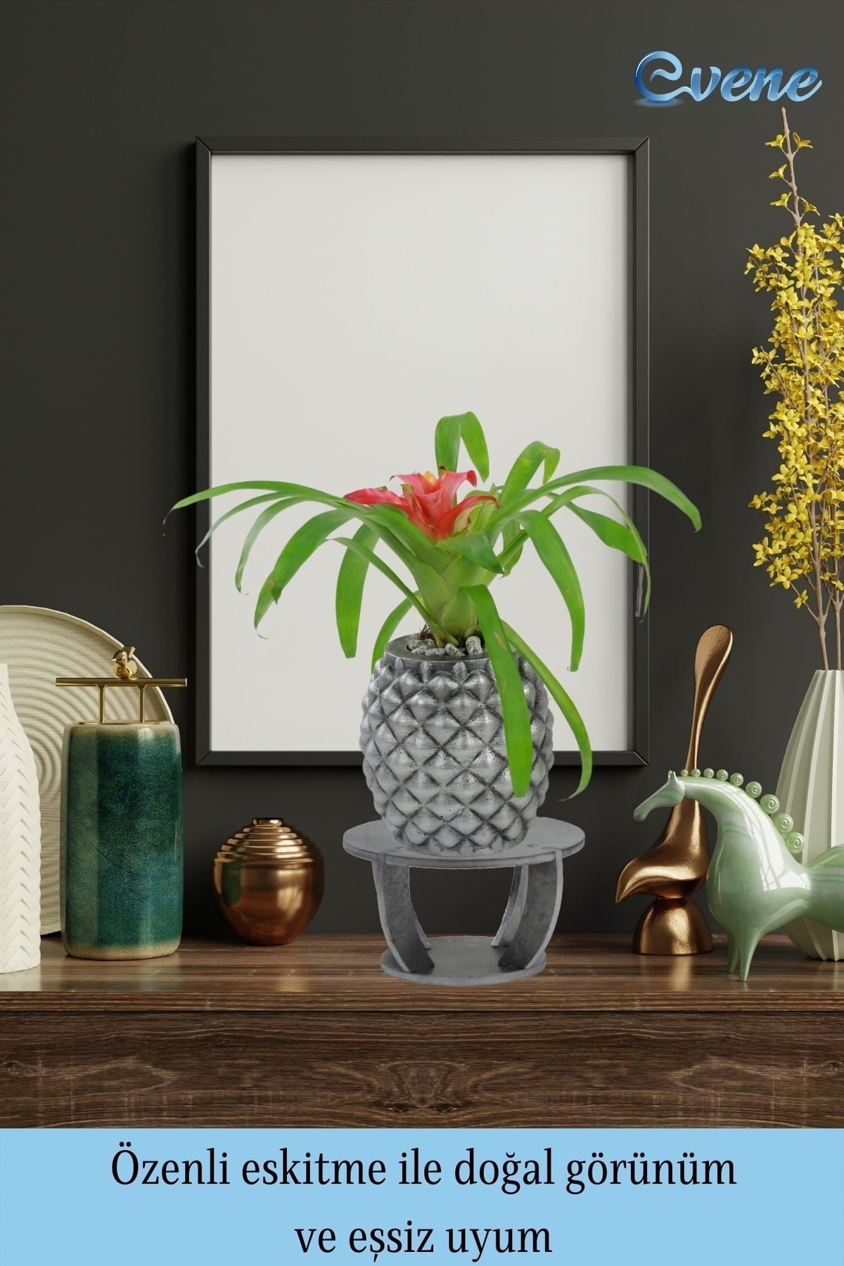 Ahşap Ayaklı Beton Saksı Büyük Boy 1 Adet Gümüş Varak Boyalı Eskitmeli Ananas Model