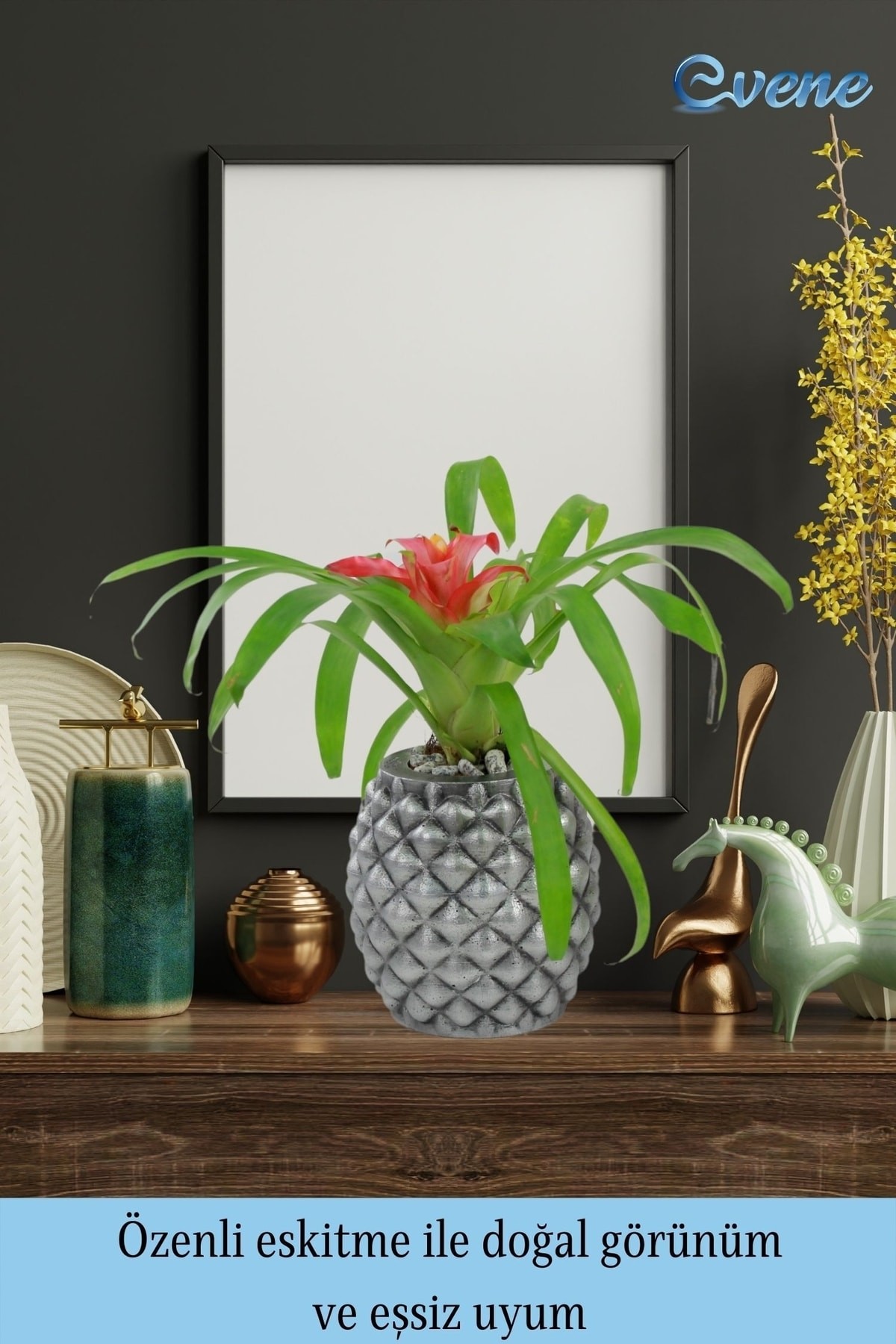 Saksı Çiçek Kaktüs Saksısı Lüx 15 Cm Gümüş Eskitme Varak Boyalı Ananas Desen Saksı Çiçeklik