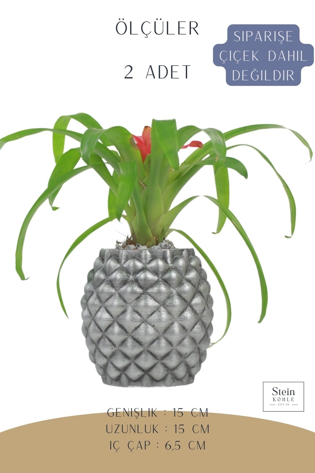 Çiçek Saksısı Büyük Boy 2 Adet Gümüş Renk Eskitme Uygulamalı Ananas Model