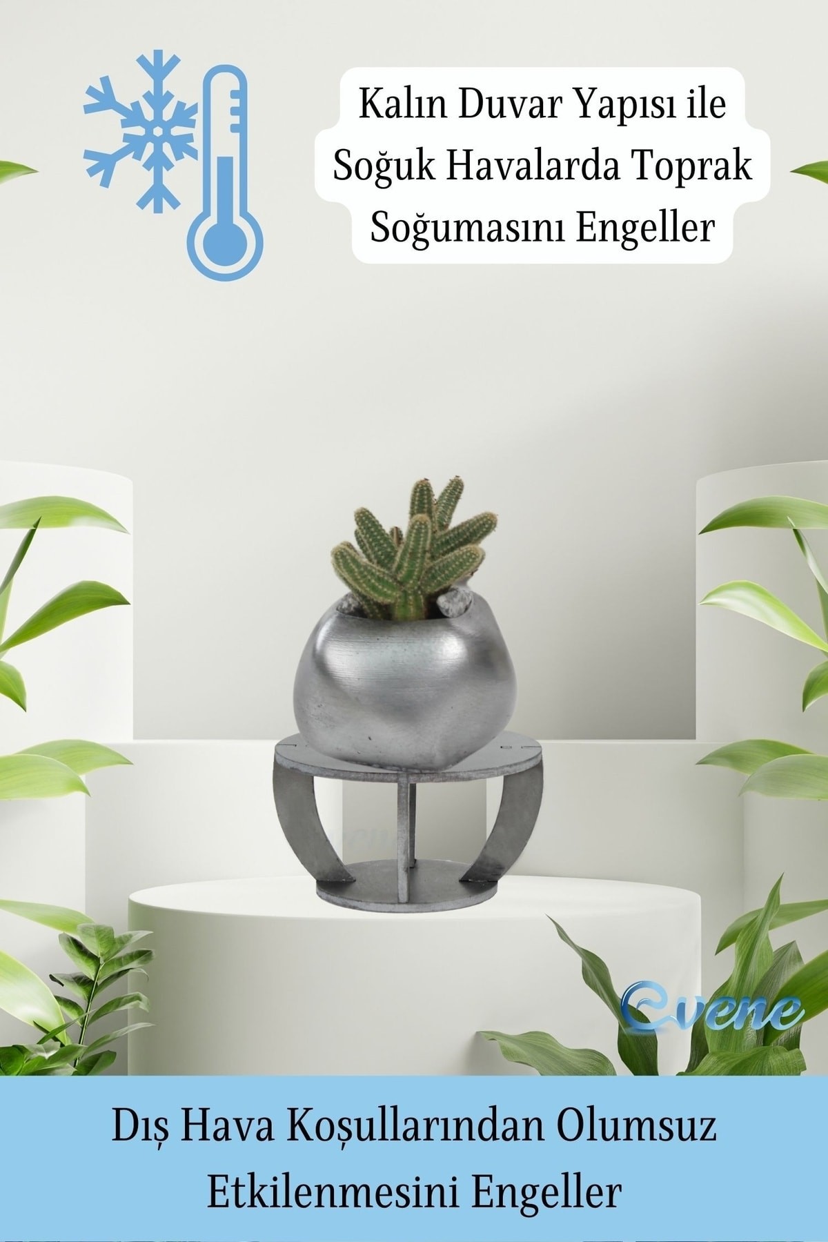 Ahşap Ayaklı Beton Saksı Büyük Boy 1 Adet Gümüş Varak Boyalı Eskitmeli Spiral Oval Model