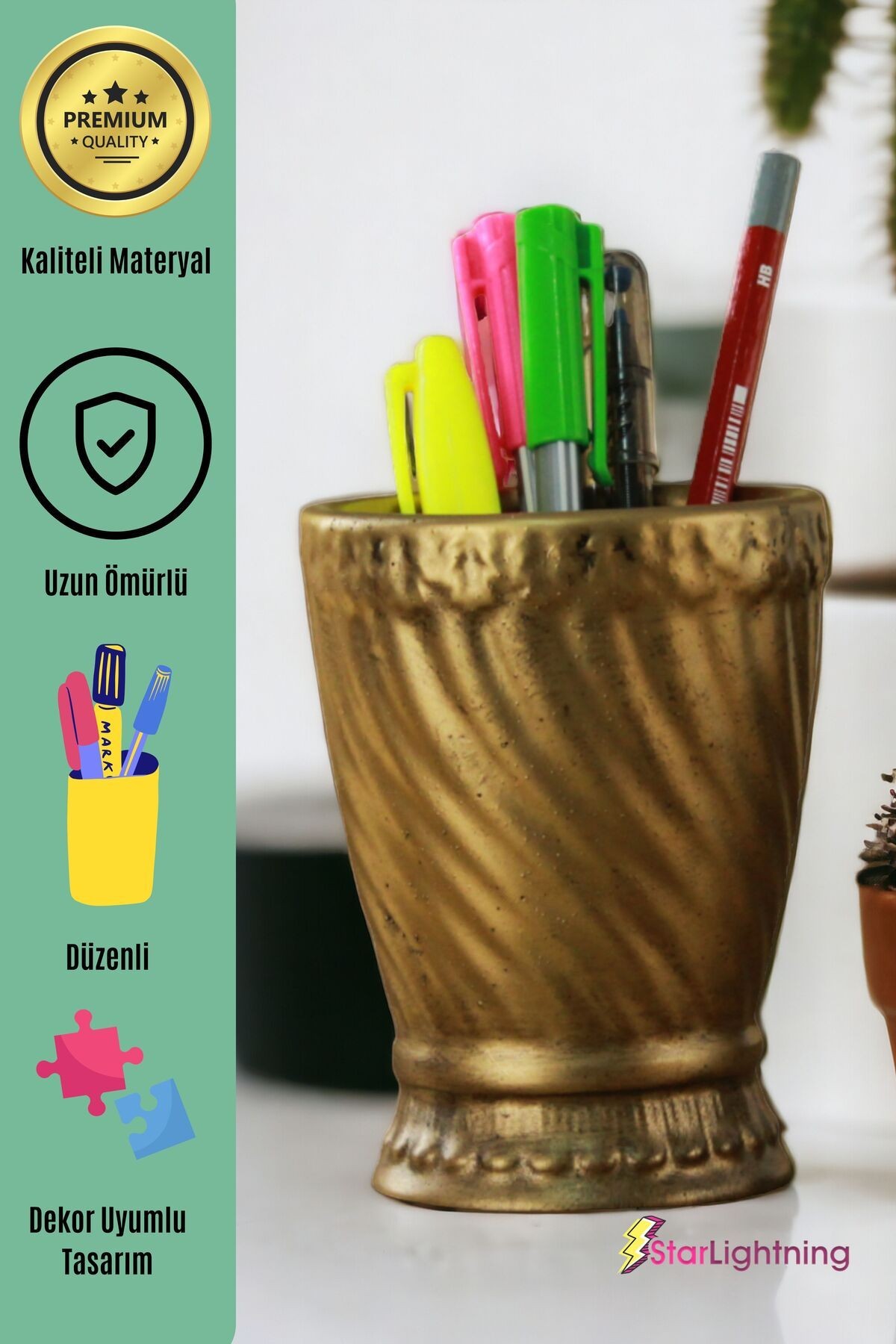 Kalemlik Altın Eskitme Renk Masa Kalemliği Organizer Kalemlik Model 14