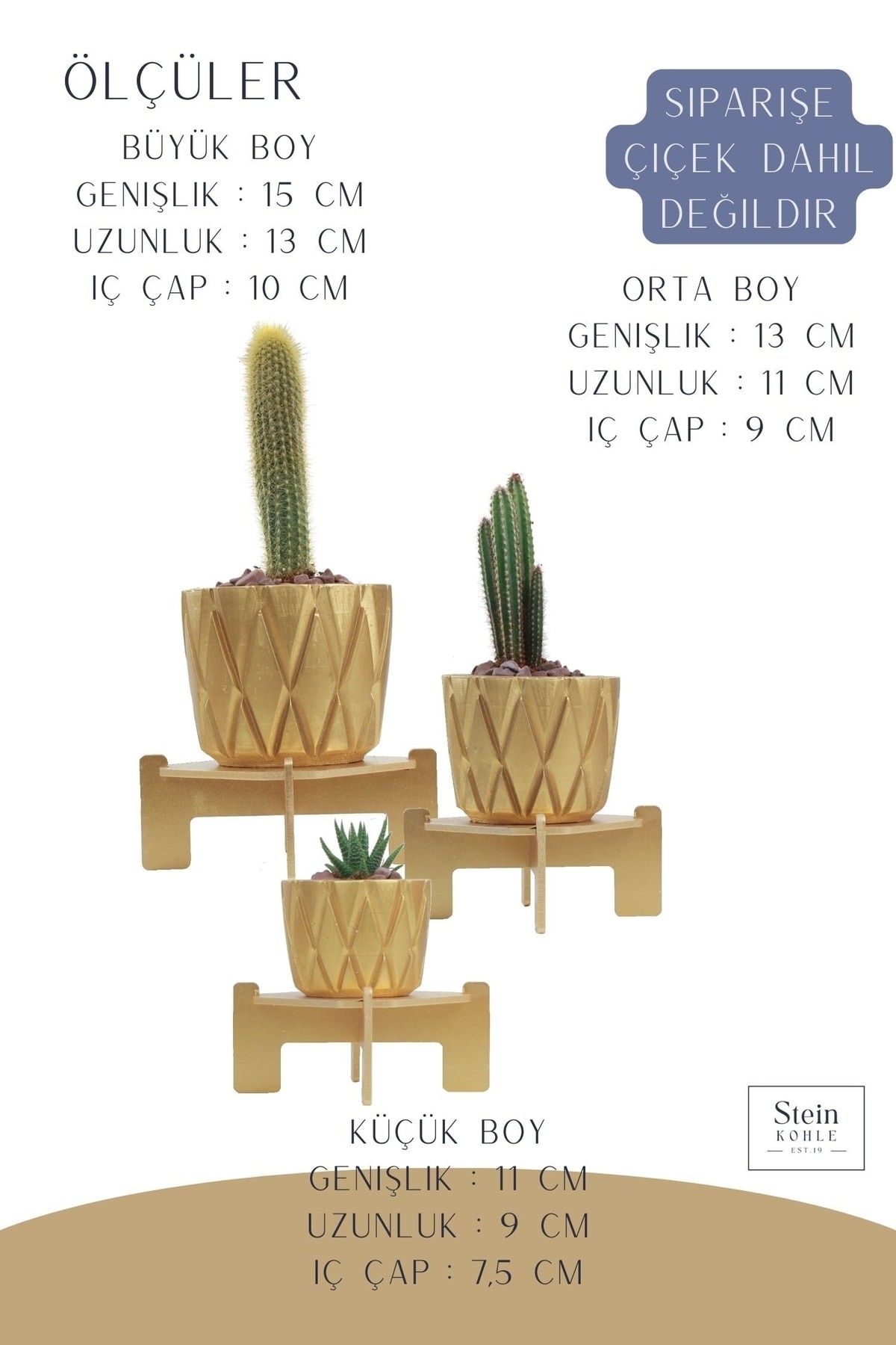 Ayaklı Saksı Ahşap Büyük Boy 3 Adet Altın Renk Uygulamalı Baklava Model