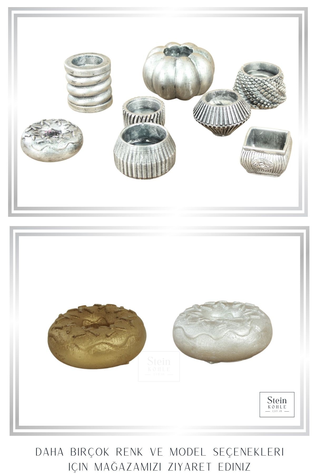 Şamdan Dekoratif Mumluk Gümüş Eskitme Şamdan Set 3 lü (Üçlü) Uzun Mum Uyumlu Donut Model