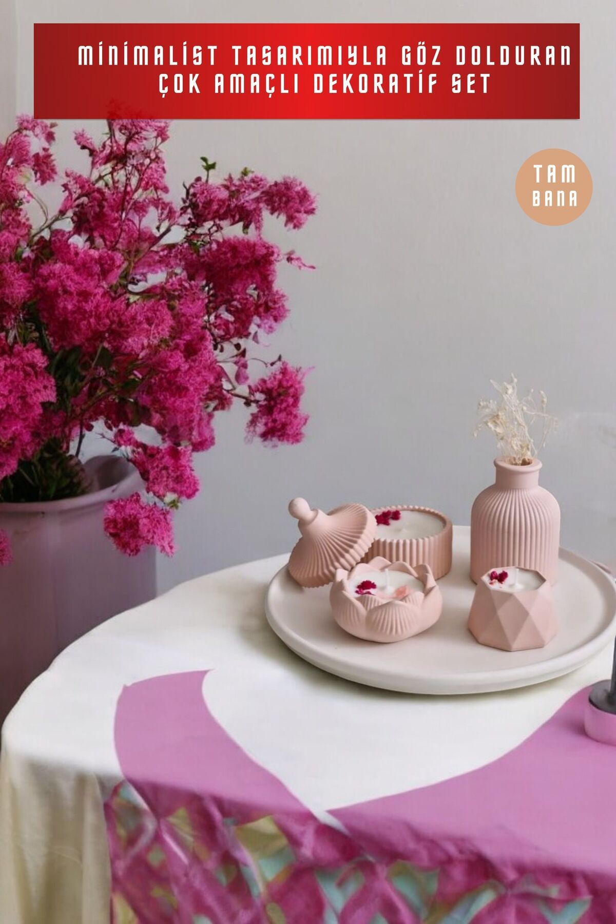 Pembe Sunumluk Takı Tabağı Dekoratif Tepsi Obje Seti 5 Parça Model 1023