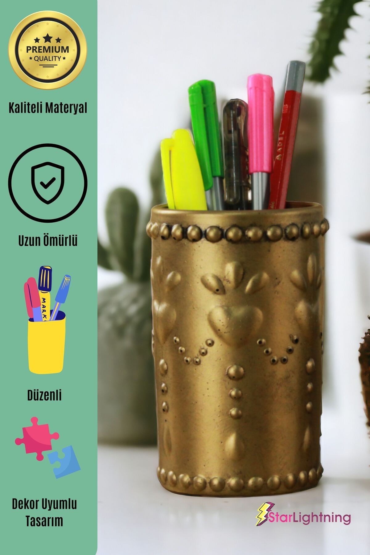 Kalemlik Altın Eskitme Renk Masa Kalemliği Organizer Kalemlik Model 10