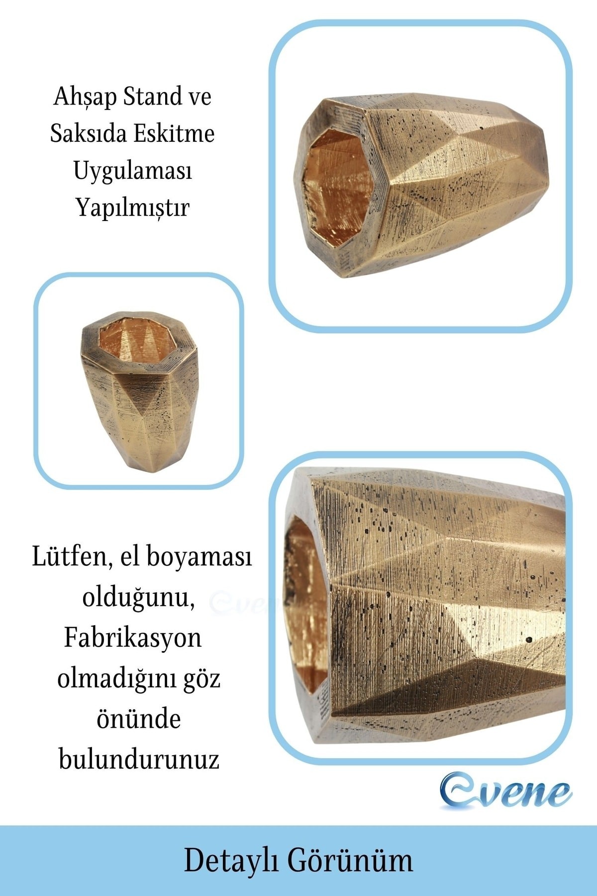 Ahşap Ayaklı Beton Saksı Büyük Boy 1 Adet Altın Varak Boyalı Eskitmeli Uzun Poly Model