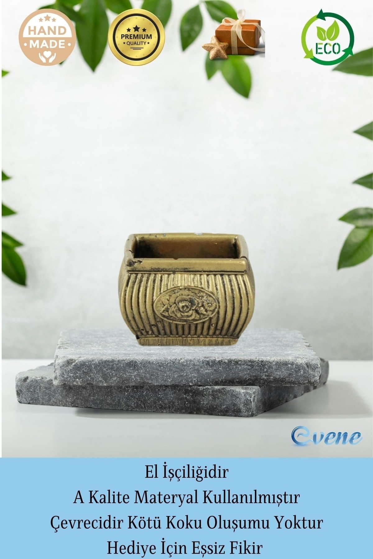 Altın Eskitme Mumluk Şamdan Tealight Mum Uyumlu Mini Çizgili Çiçekli Model