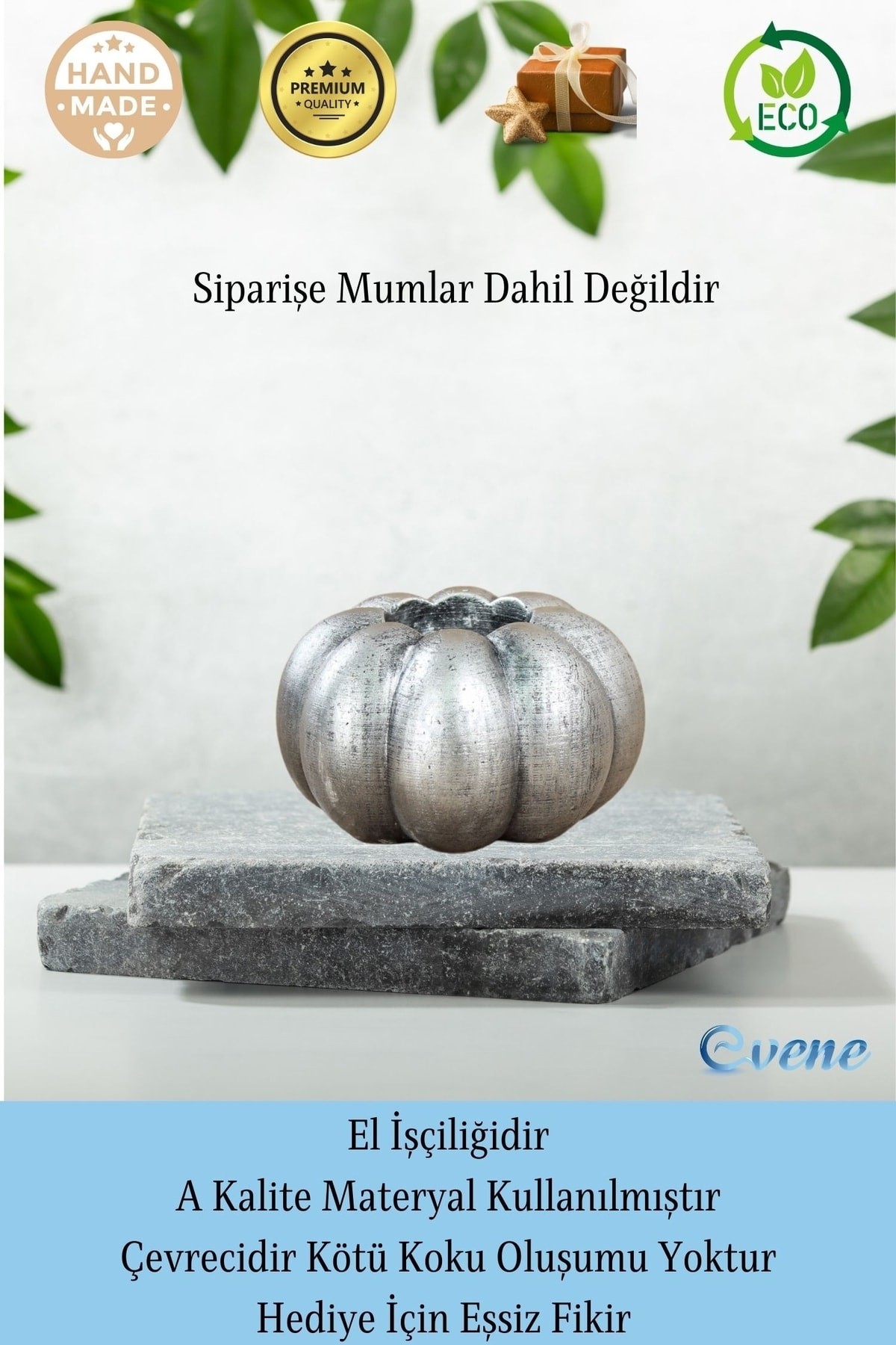 Gümüş Eskitme Mumluk Şamdan 3 Adet Tealight ve İnce Mum Uyumlu Kabak Model