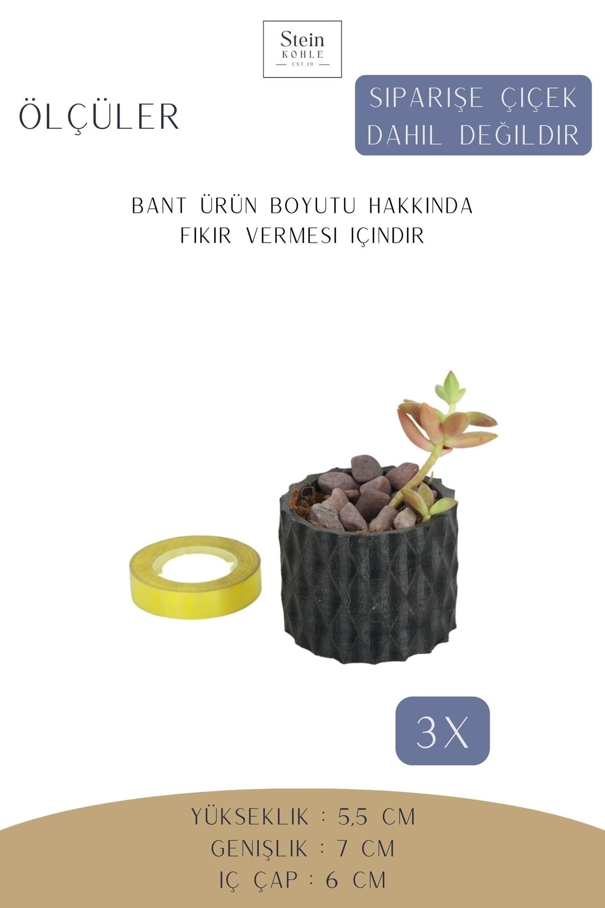 Dekoratif Saksı Minik Kaktüs Saksısı Siyah Renk 3 Adet Saksı Seti Baklava Model