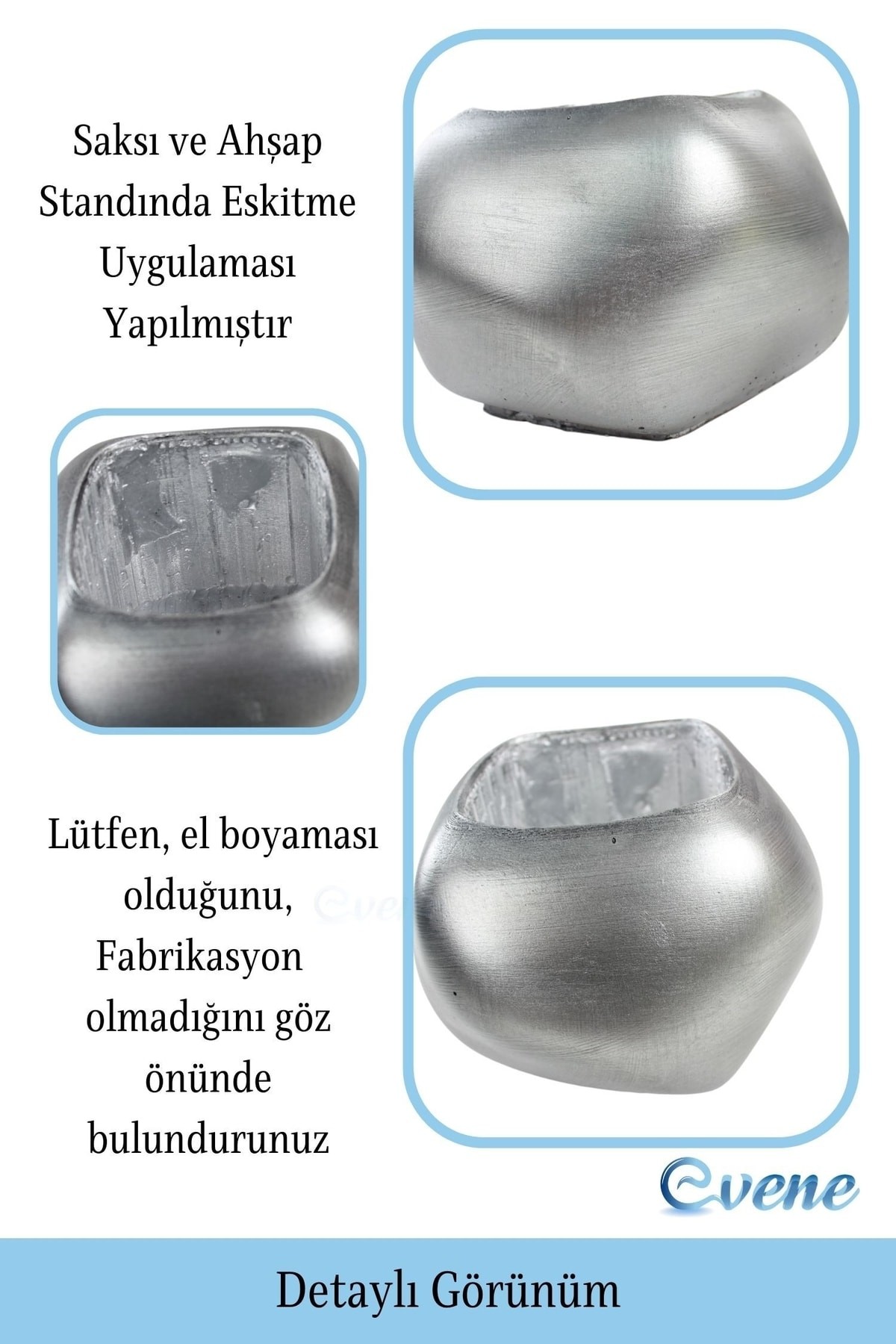 Ahşap Ayaklı Beton Saksı Büyük Boy 1 Adet Gümüş Varak Boyalı Eskitmeli Spiral Oval Model