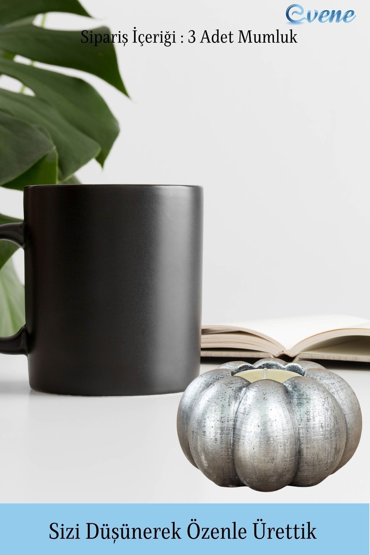 Gümüş Eskitme Mumluk Şamdan 3 Adet Tealight ve İnce Mum Uyumlu Kabak Model