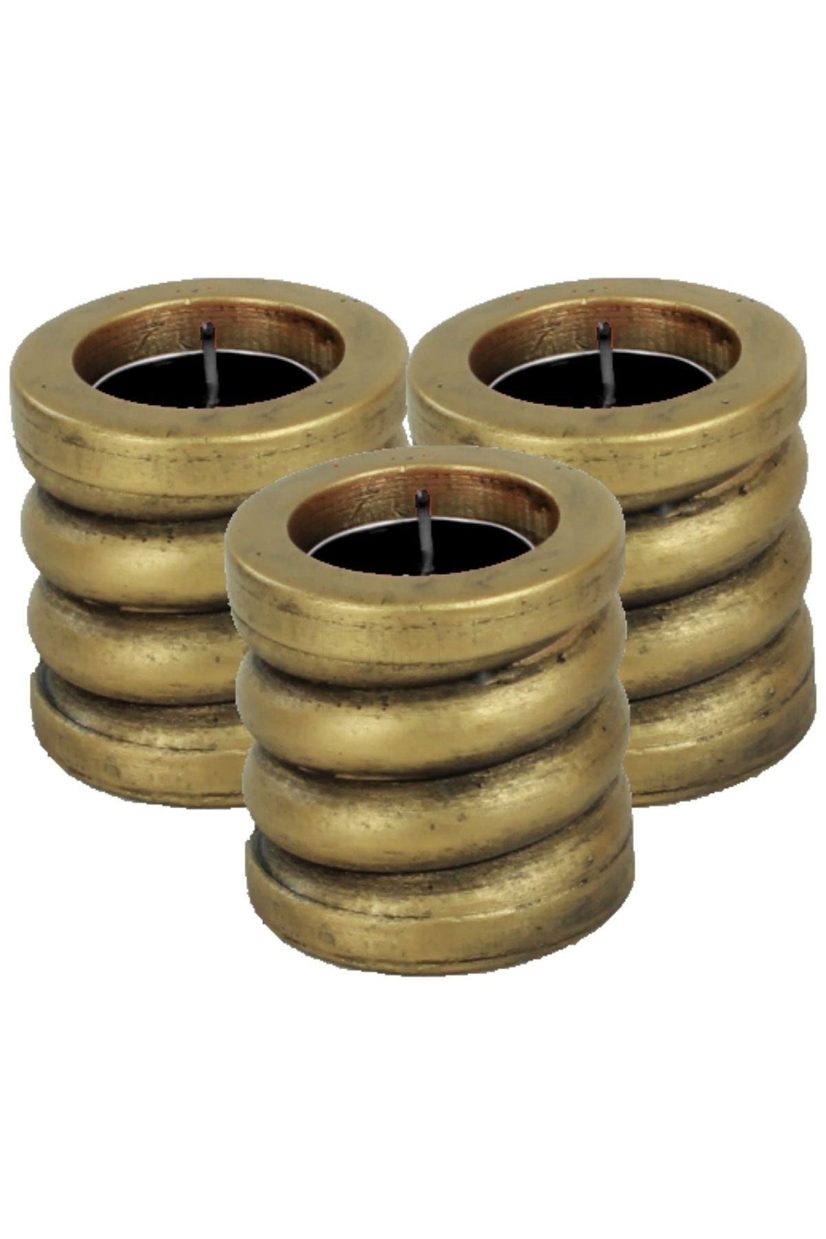 Şamdan Dekoratif Mumluk Altın Eskitme Şamdan Set 3 lü (Üçlü) Tealight Uzun Mum Uyumlu Spiral Model