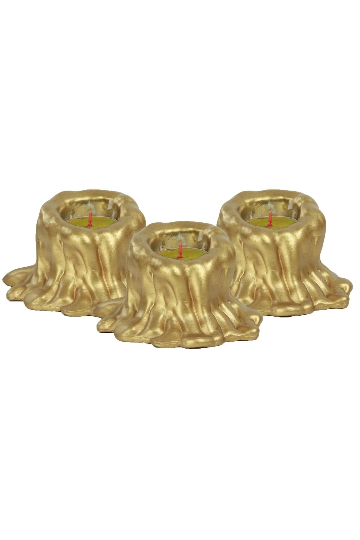 Altın Mumluk Şamdan 3 Adet Tealight Uyumlu Üçlü Küçük Erimiş Mum Model