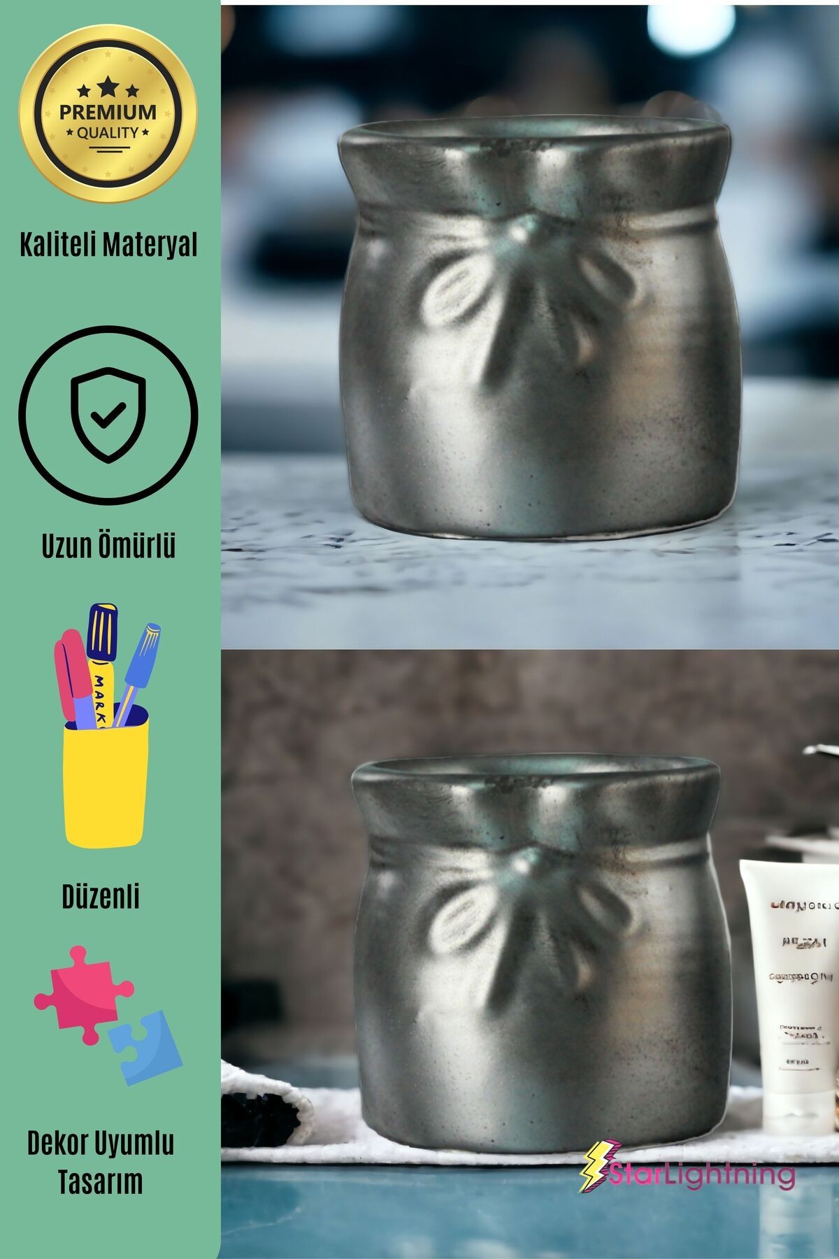Kalemlik Gümüş Eskitme Renk Masa Kalemliği Organizer Kalemlik Model 8