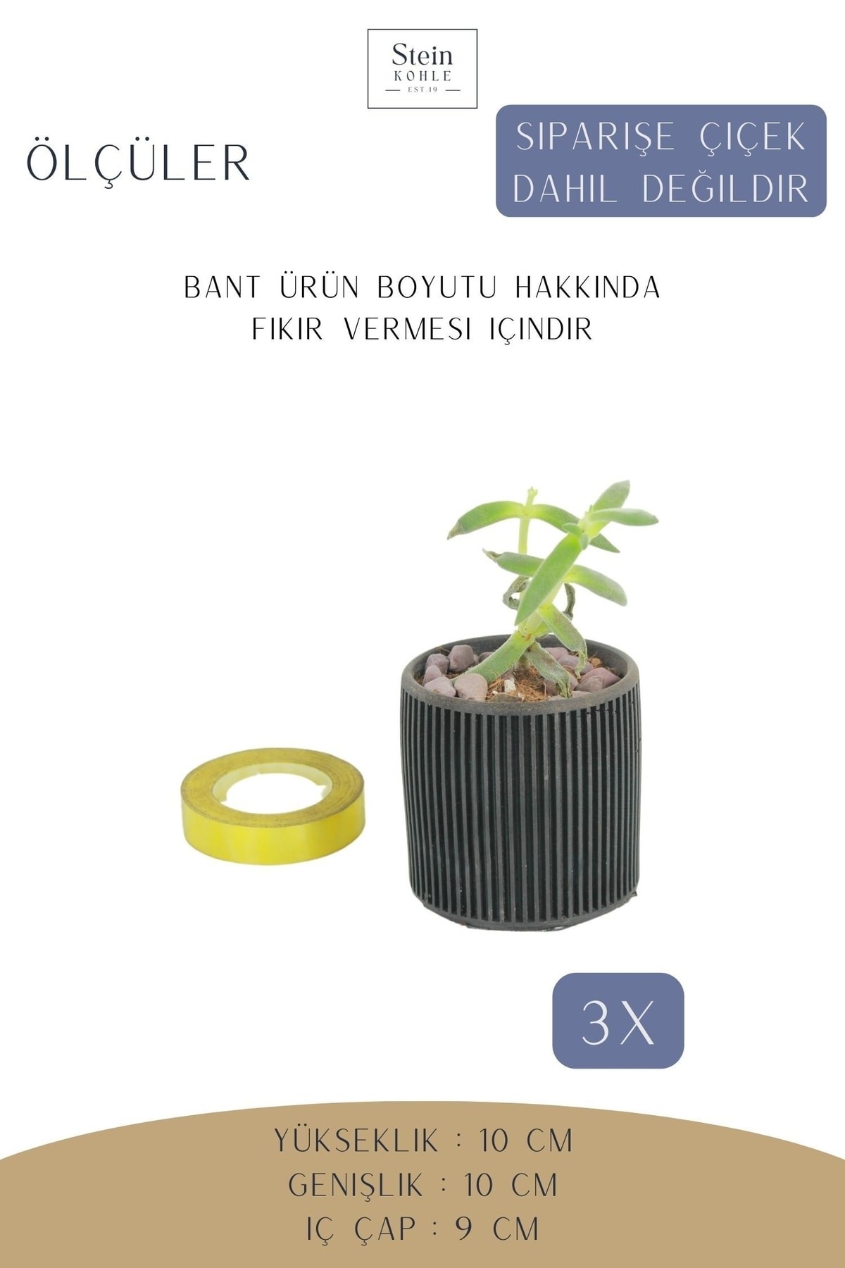 Dekoratif Saksı Minik Kaktüs Saksısı Siyah Renk 3 Adet Saksı Seti Düz Ince Çizgili Model