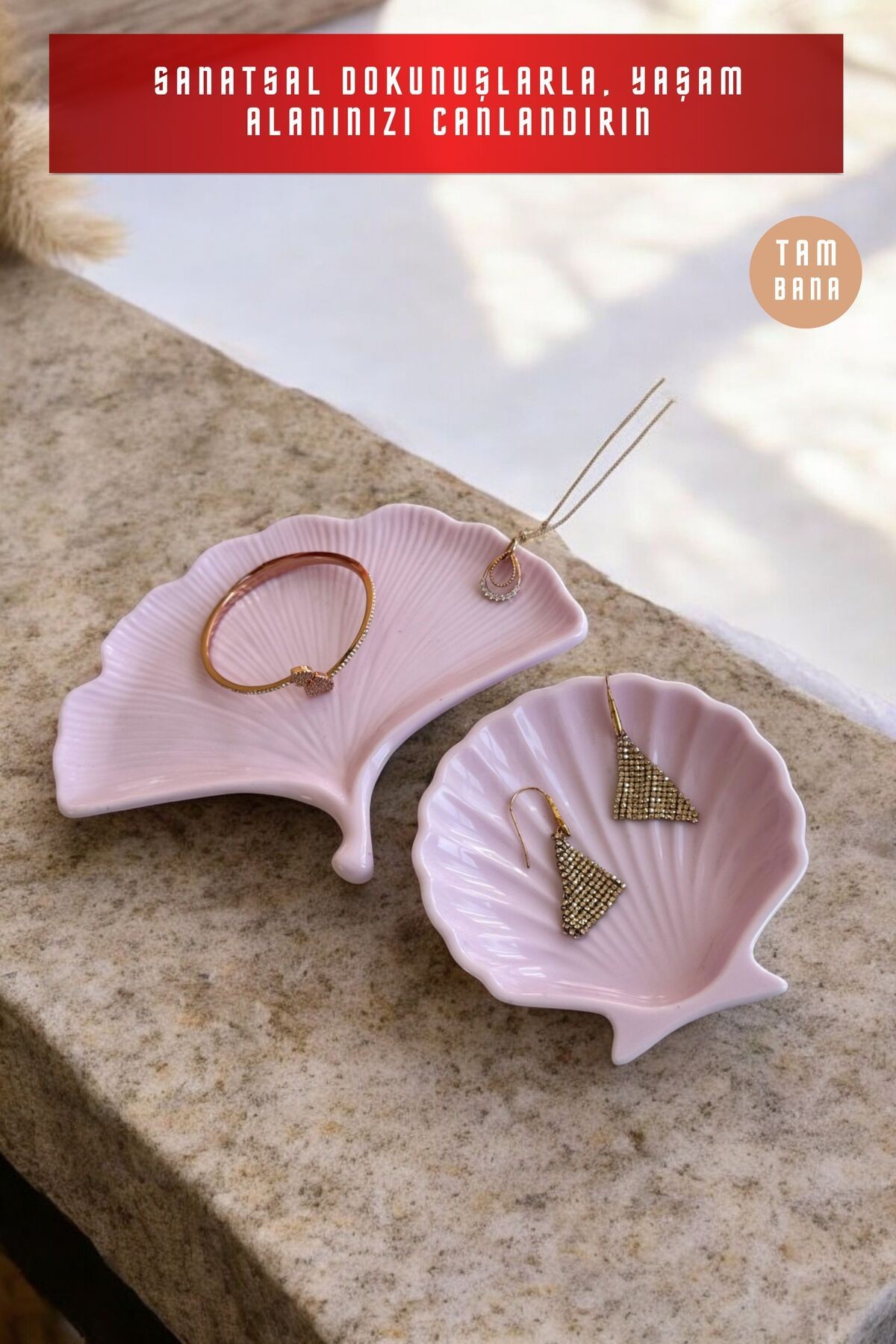 Pembe Sunumluk Takı Tabağı Dekoratif Tepsi Obje Seti 2 Parça Model 1003