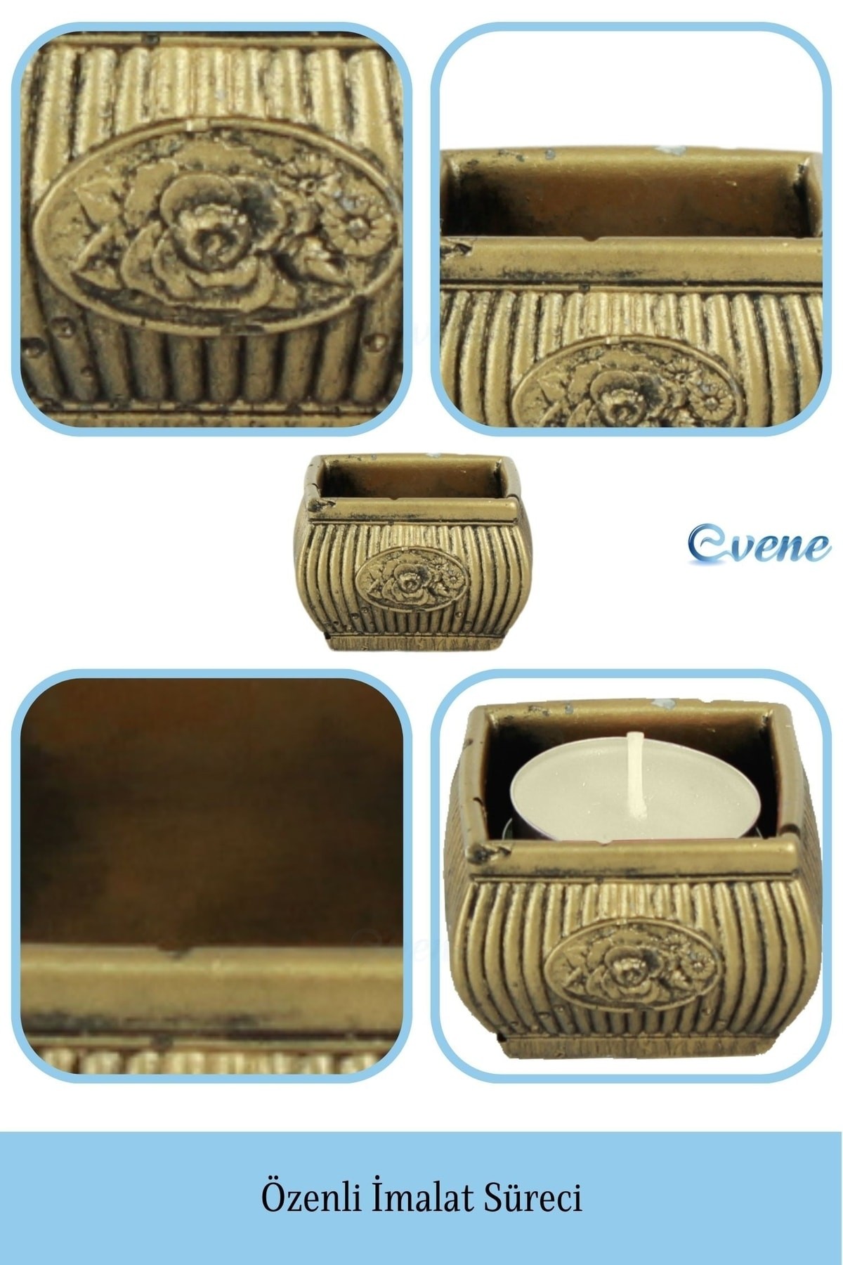 Altın Eskitme Mumluk Şamdan Tealight Mum Uyumlu Mini Çizgili Çiçekli Model