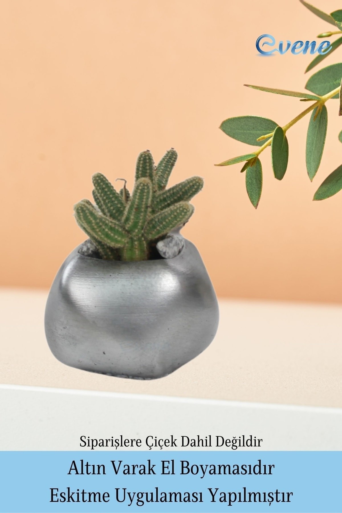 Ahşap Ayaklı Beton Saksı Büyük Boy 1 Adet Gümüş Varak Boyalı Eskitmeli Spiral Oval Model