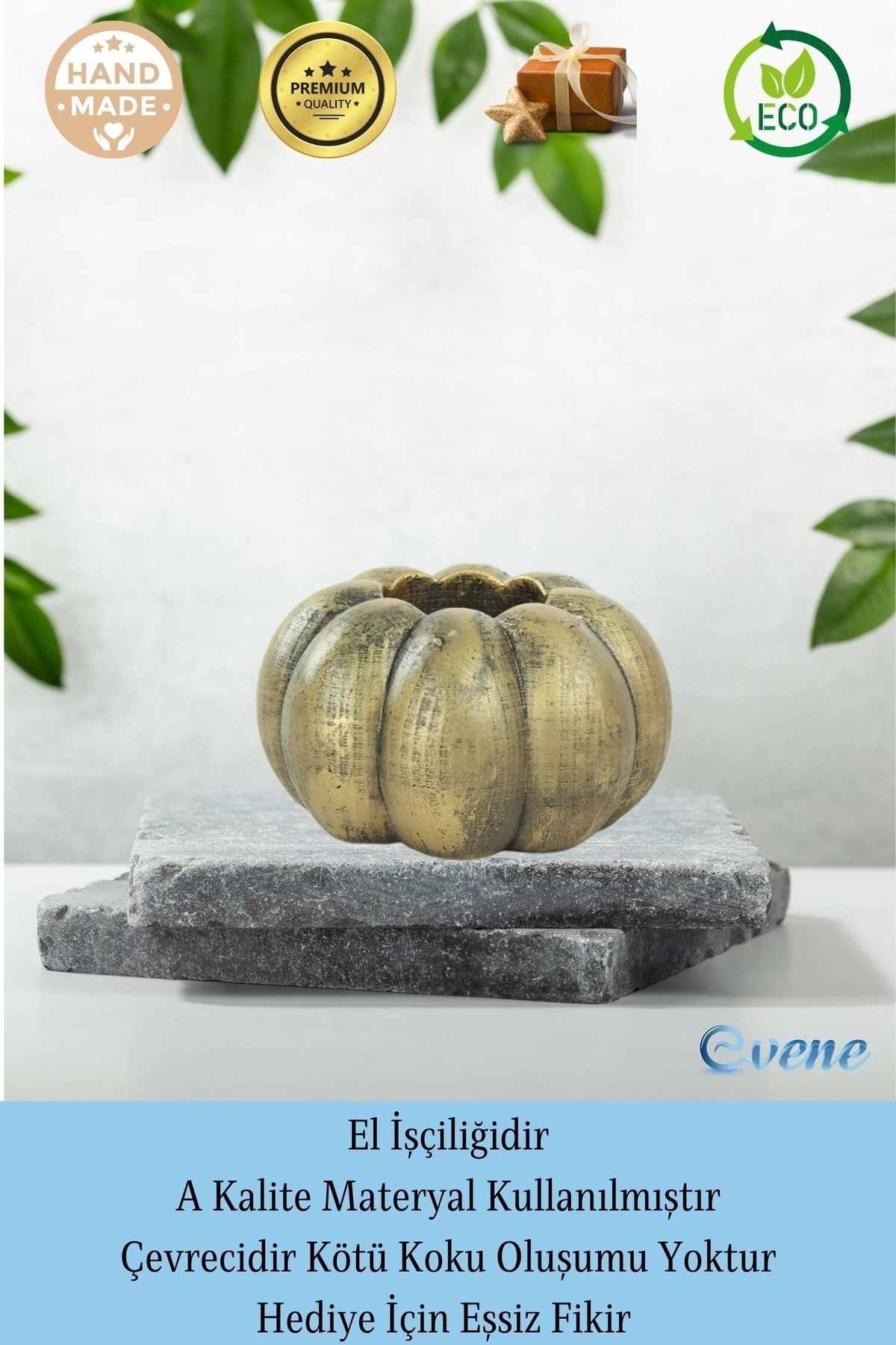 Altın Eskitme Mumluk Şamdan Tealight ve İnce Mum Uyumlu Kabak Model