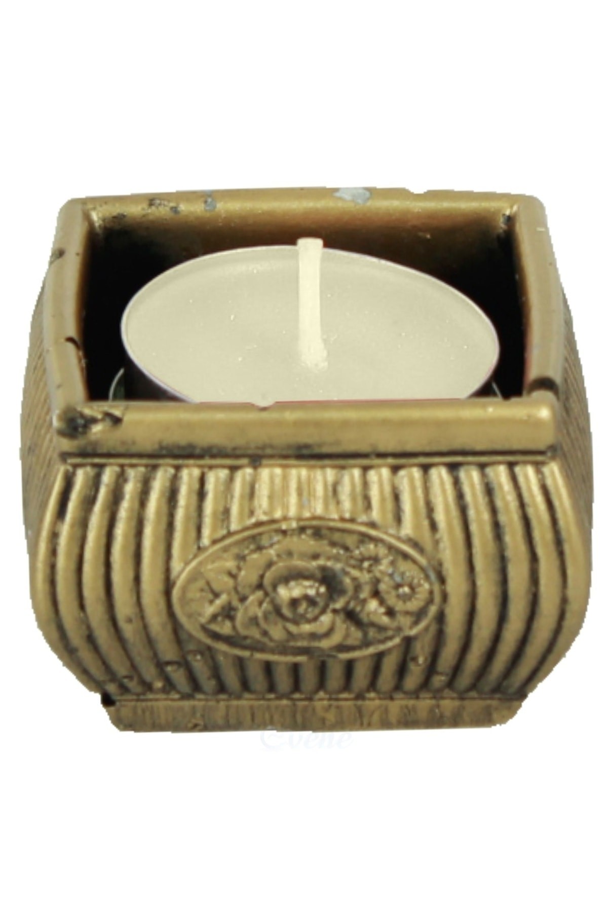 Altın Eskitme Mumluk Şamdan Tealight Mum Uyumlu Mini Çizgili Çiçekli Model