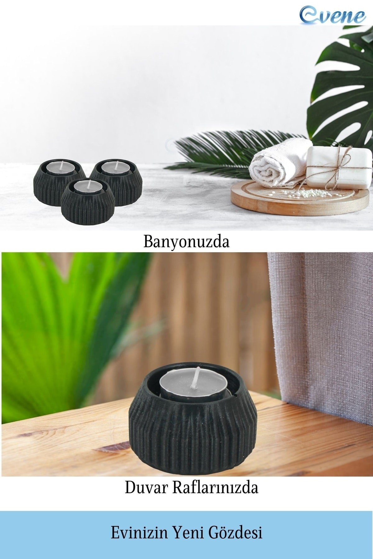 Siyah Mumluk Şamdan 3 Adet Tealight Uyumlu Çizgili Model
