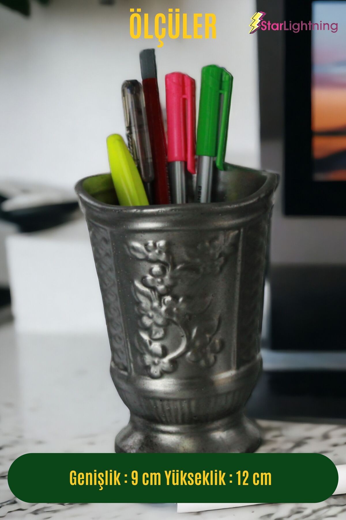 Kalemlik Gümüş Eskitme Renk Masa Kalemliği Organizer Kalemlik Model 9