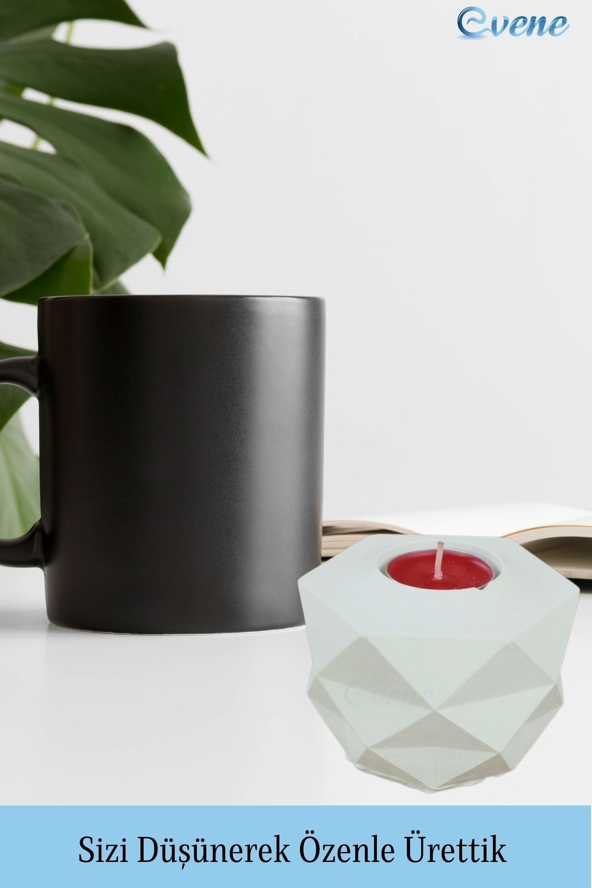 Beyaz Mumluk Şamdan 3 Adet Tealight ve İnce Mum Uyumlu Prizma Model